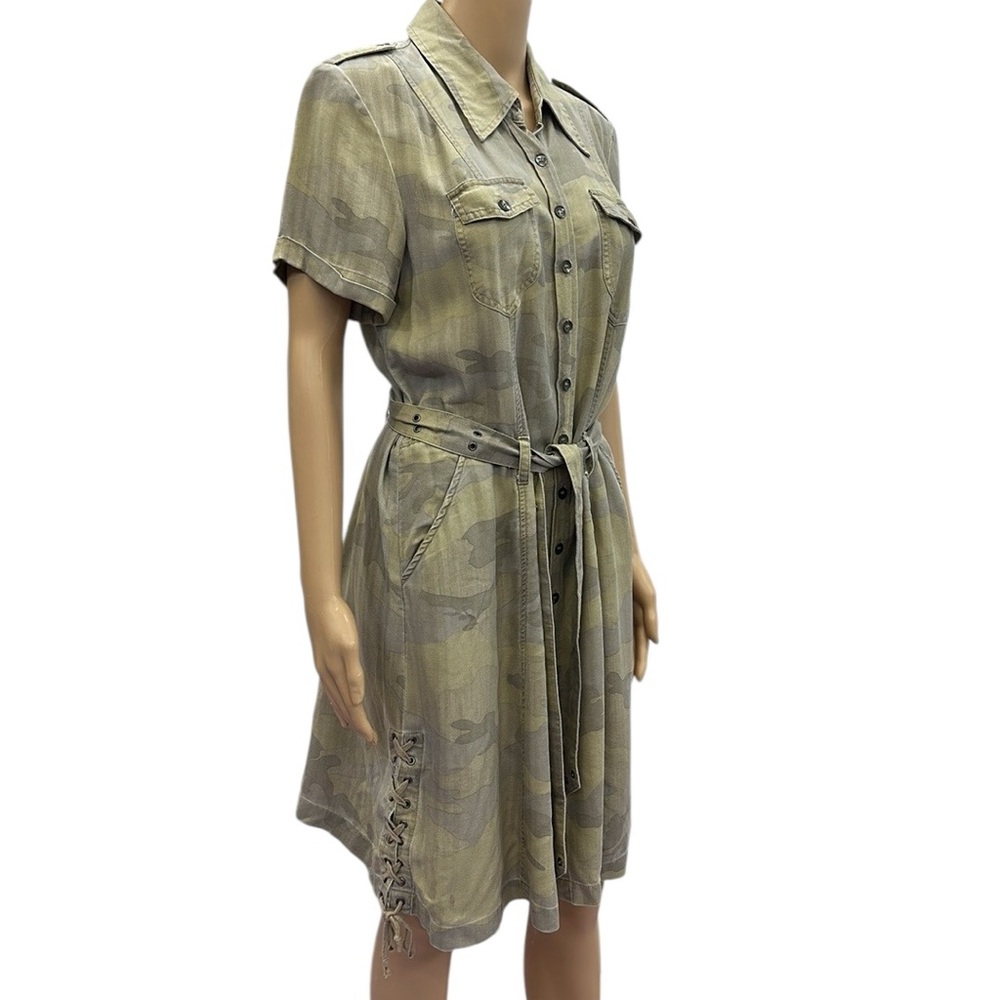 Da Nang Silk Short Sleeve Button Up Camo Utility Pockets Tie Belt Shirt Dress M